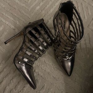 Strappy Studded Pointed-Toe Heels in Metallic Black